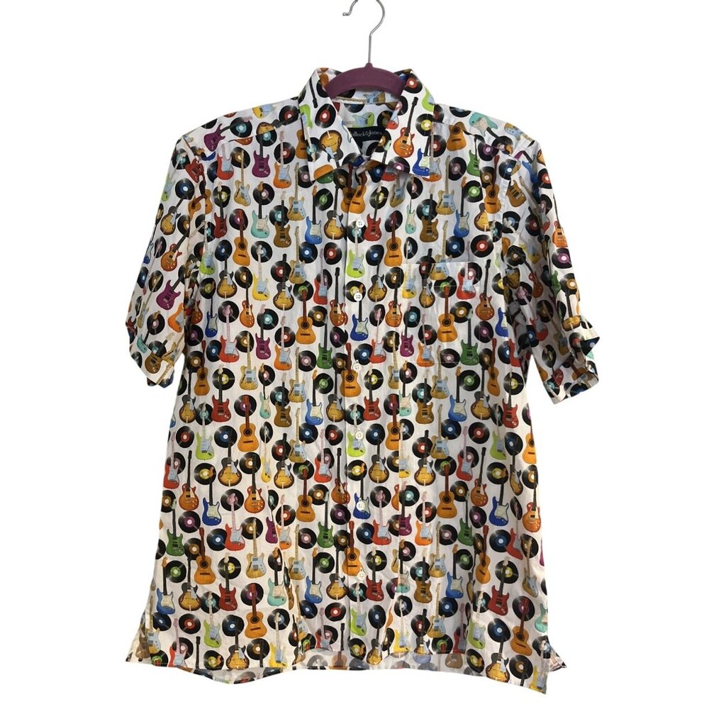 Bullock & Jones Mens All Over Print Guitars Short Sleeve Shirt Size L